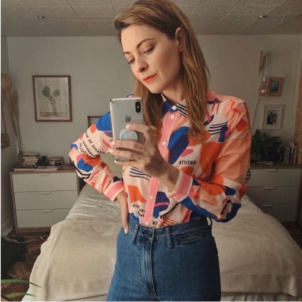 Sezane Pierro Shirt Blue Woman Print Femme Silk Size 36 US 4 - Picture 8 of 10
